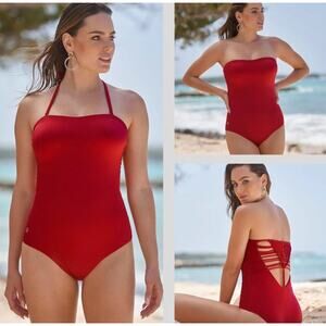 Leonisa Swim One Piece Sculpting Macramé Back Red Small Removeable Straps Beach